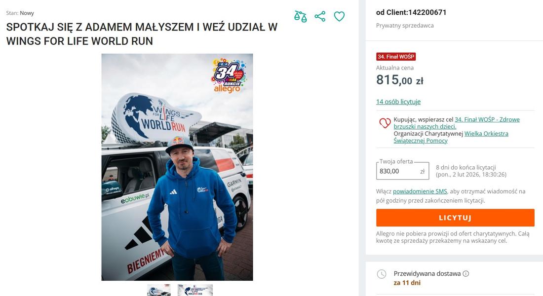 Adam Małysz z aukcją dla WOŚP, fot. Allegro