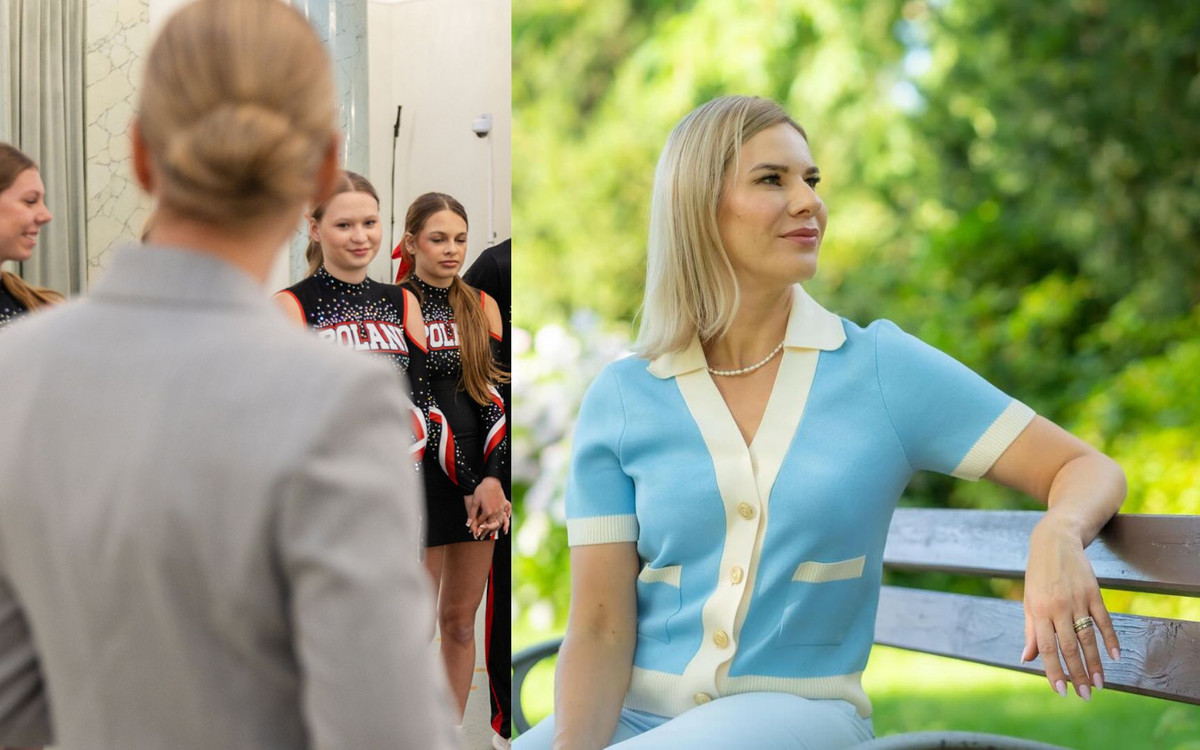 Marta Nawrocka podczas spotkania z młodzieżą. Wybrała stonowaną stylizację