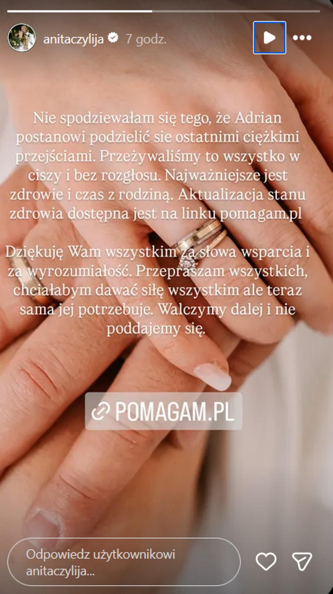 Anita Szydłowska, wpis na InstaStories, fot. Instagram