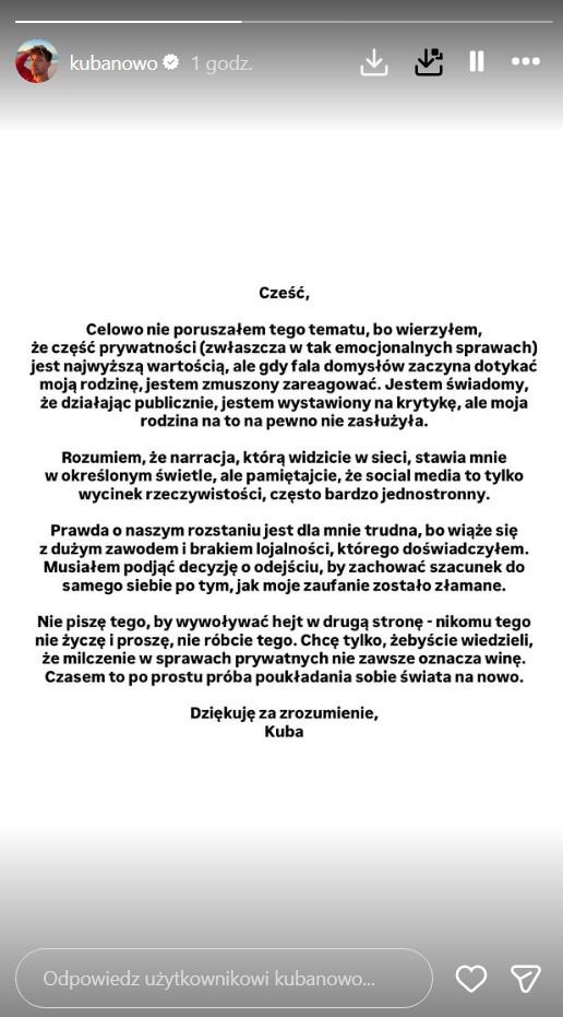 Kuba Nowosiński przerywa milczenie ws. rozstania z Marysią Jeleniewską, fot. Instagram