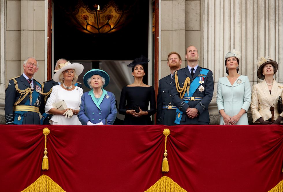 Britain's Prince Charles, Camilla, Duchess of Cornwall, Queen Elizabeth, Meghan, Duchess of Sussex, Prince Harry, Prince William, Catherine, Duchess of Cambridge and Princess Anne stand on the balcony of Buckingham Palace as they watch a fly past to mark the centenary of the Royal Air Force in central London, Britain July 10, 2018.,Image: 451427734, License: Rights-managed, Restrictions: , Model Release: no, Credit line: Chris Radburn / Reuters / Forum