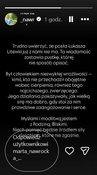 Marta Nawrocka żegna Łukasza Litewkę, fot. Instagram
