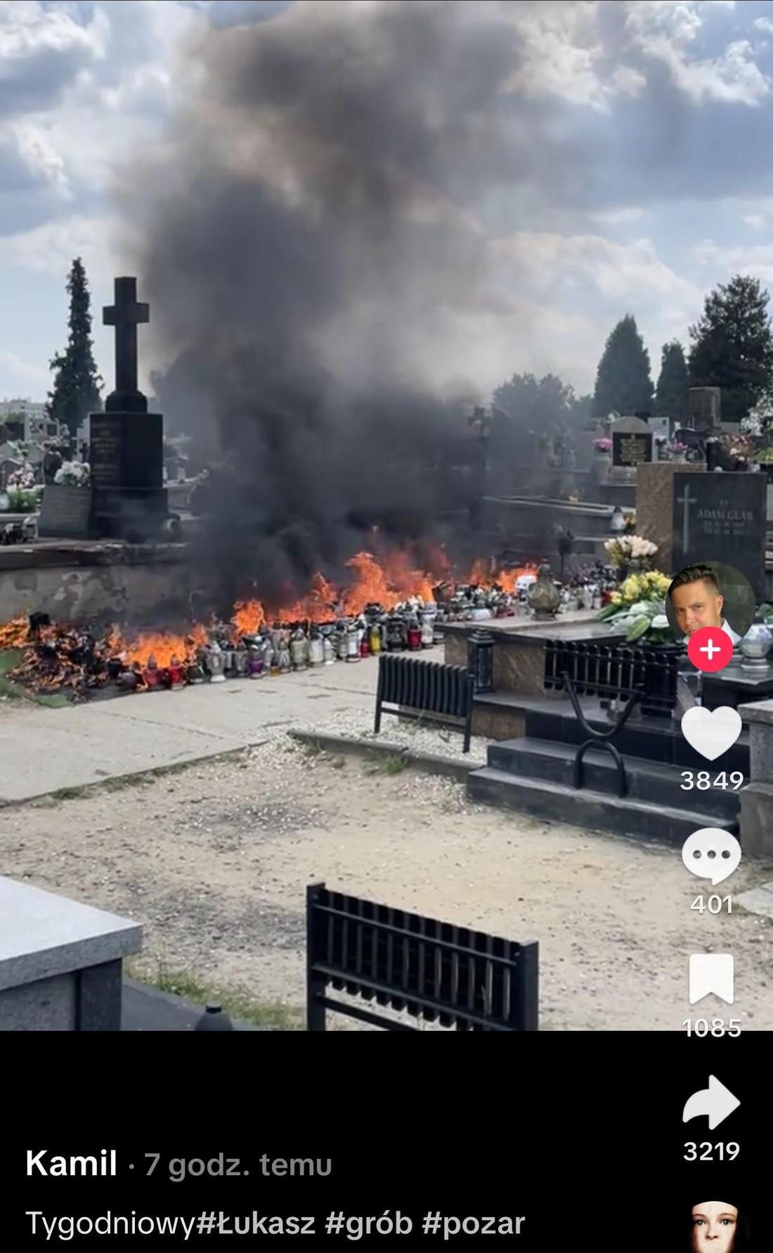 Płonie grób Łukasza Litewki, fot. Tik Tok