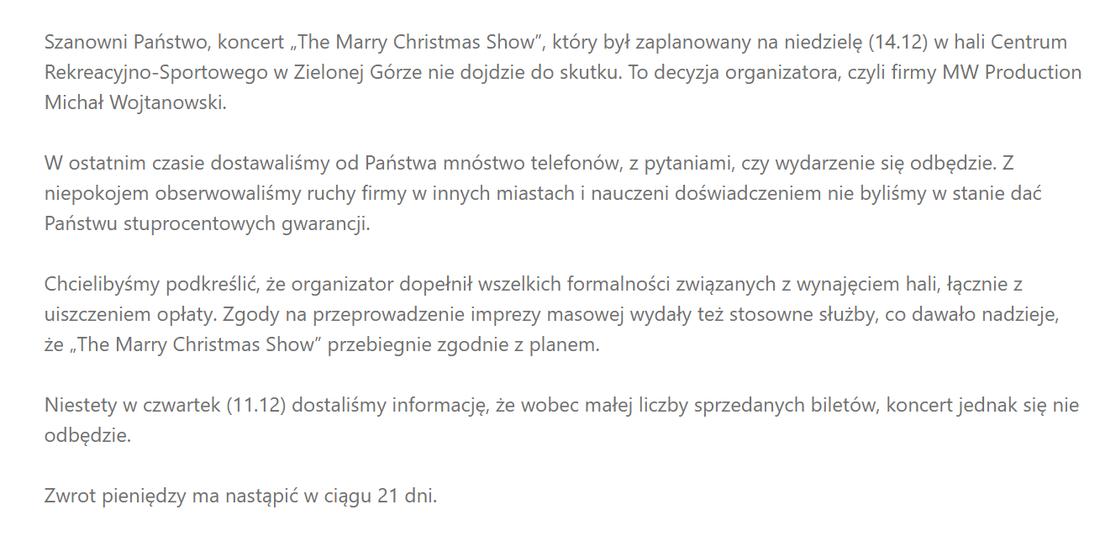 Pilnie odwołano świąteczny koncert Justyny Steczkowskiej, fot. www.mosir.zgora.pl.