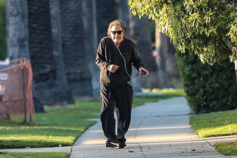 Beverly Hills, CA - *EXCLUSIVE* - Legendary actor Al Pacino feels the vibes and dances along to music on his headphones while out for a walk around his Beverly Hills neighborhood on Tuesday afternoon. The legendary actor appeared to have revived some of his famous tango moves from Scene of a Woman. BACKGRID USA 10 FEBRUARY 2022,Image: 661354888, License: Rights-managed, Restrictions: For Alex, Model Release: no, Pictured: Al Pacino, Credit line: BACKGRID / Backgrid USA / Forum