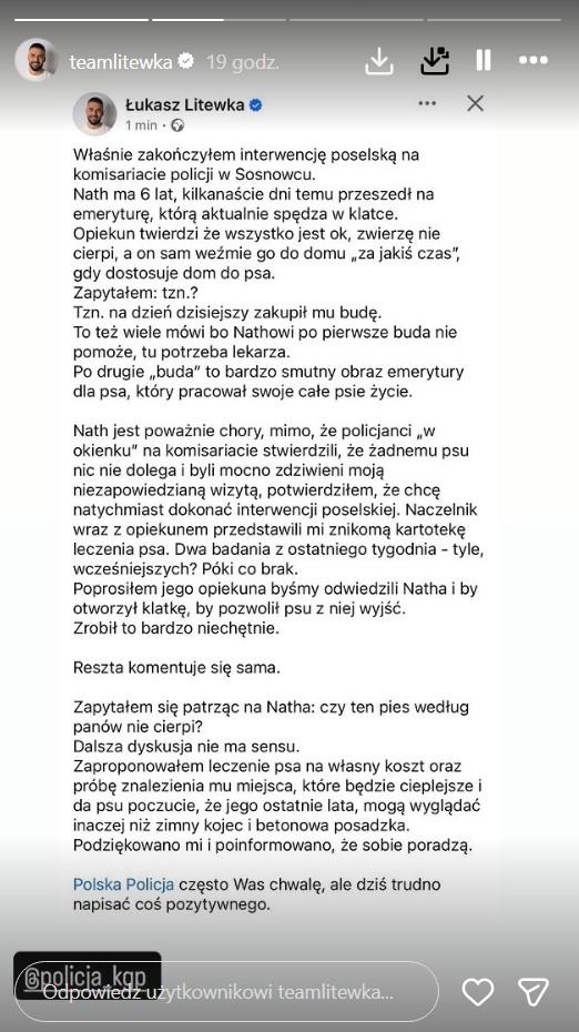 Łukasz Litewka interweniuje w sprawie zwierzaka, fot.Instagram