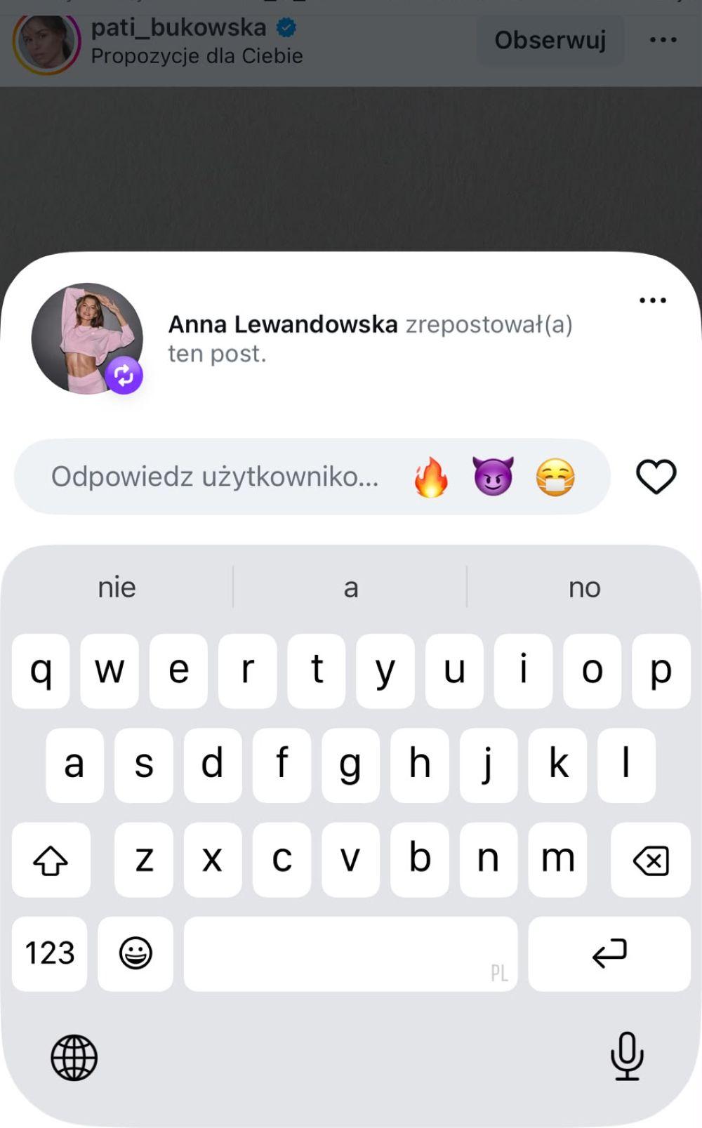 Anna Lewandowska zrepostowała słowa Pati Bukowskiej/fot. Instagram