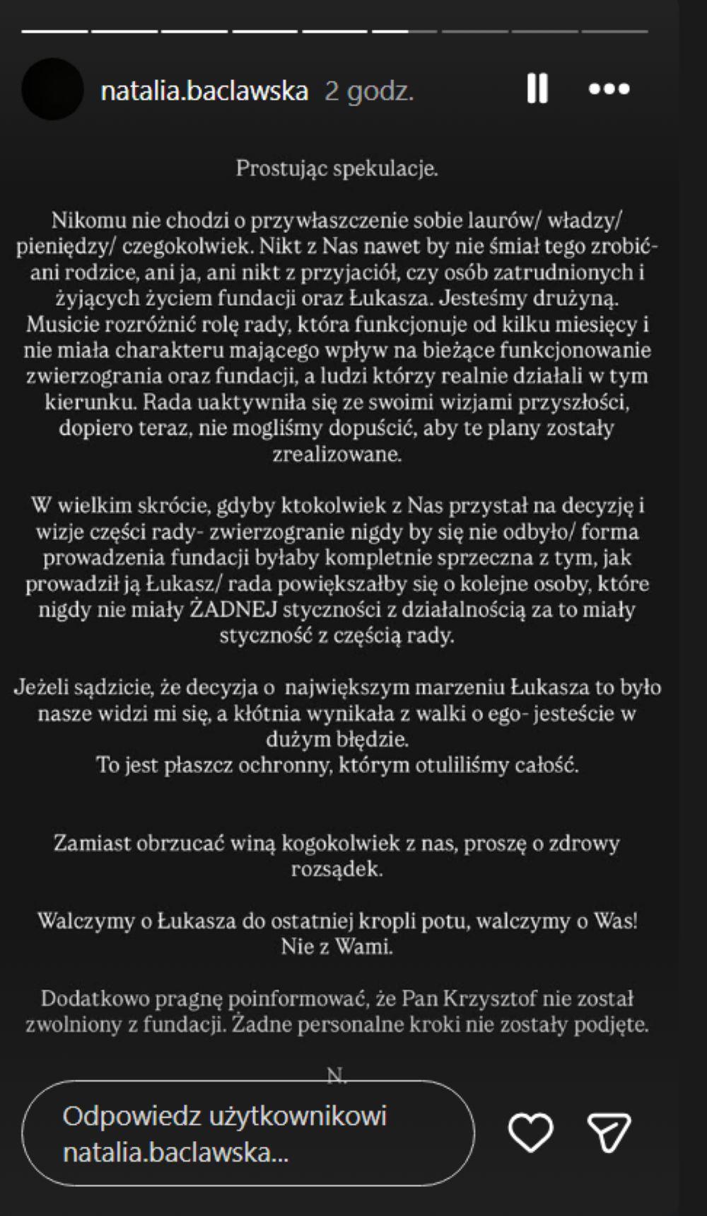 Oświadczenie partnerki Łukasza Litewki/Instagram/natalia.baclawska