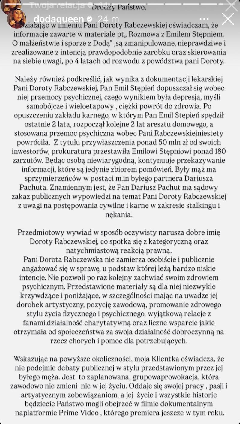 Oświadczenie pełnomocnika Dody ws. wywiadu Emila Stępnia, fot. Instagram @dodaqueen