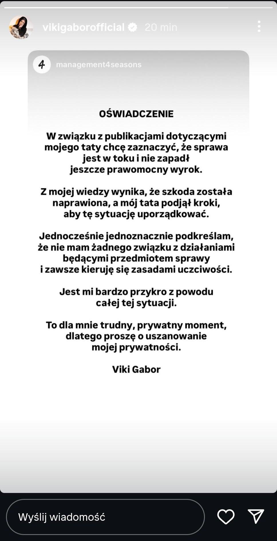 Viki Gabor wydała oświadczenie ws. ojca, fot. Instagram