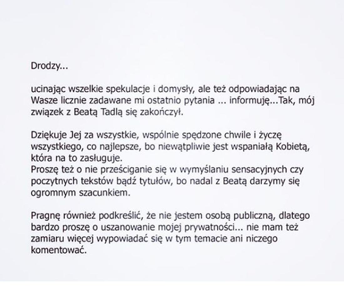 Oświadczenie byłego partnera Beaty Tadli