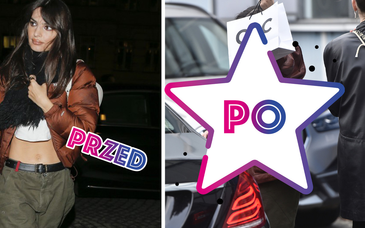 Emily Ratajkowski tym razem nie zmarznie. Założyła dłuższą kurtkę wychodząc ze studia w Warszawie