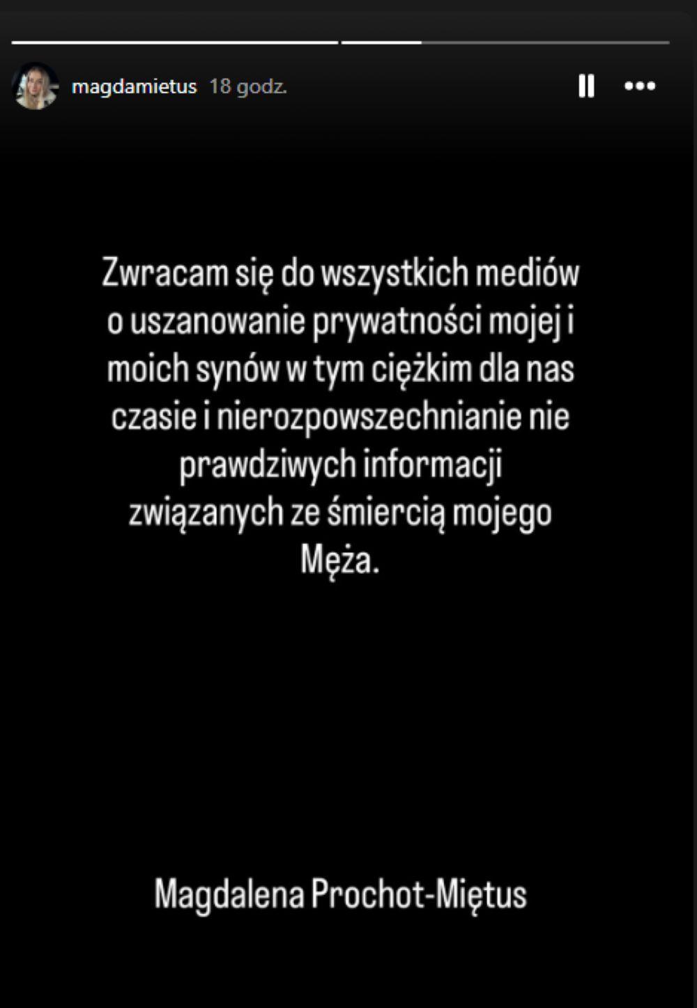 Magdalena Prochot-Miętus oświadczenie/ fot. Instagram