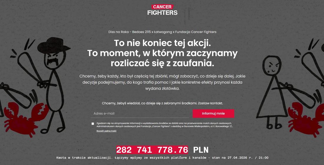 Nowa kwota ze streamu Łatwoganga, fot. https://dissnaraka.cancerfighters.pl/