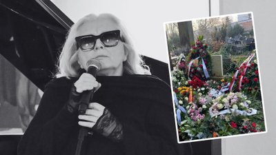 Grób Magdy Umer zalany kwiatami. Uwagę przykuwa ogromny wieniec od dzieci i wnuków